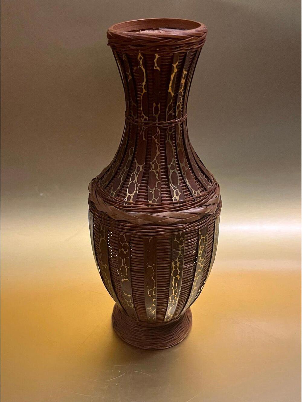 Vintage Decorative Woven Bamboo and Wood Vase